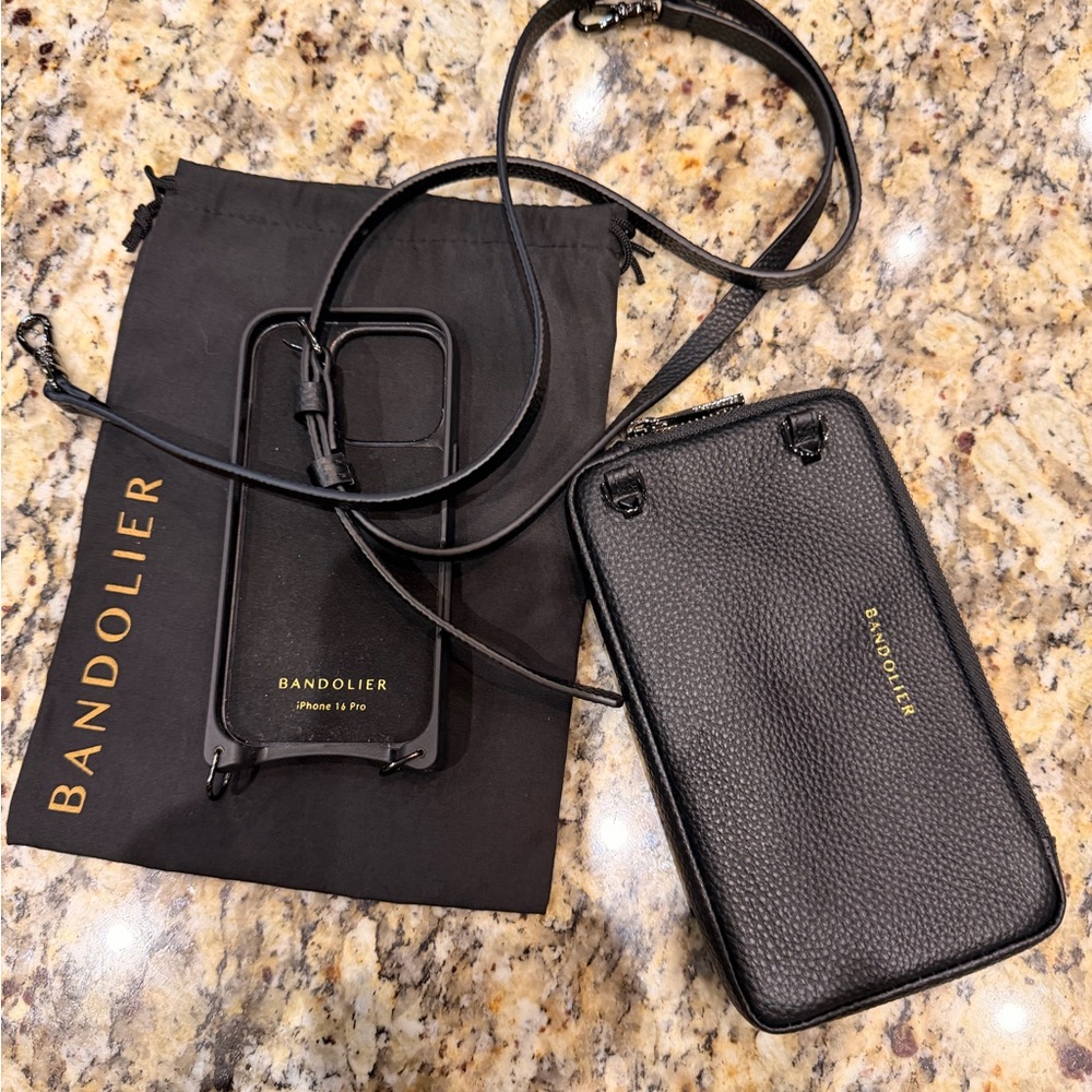 Bandolier Black Leather Phone Case with Strap